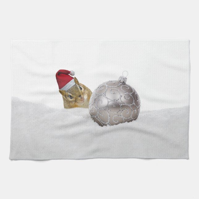 Cute Chipmunk Silver and Snow Christmas Holiday Kitchen Towel (Horizontal)