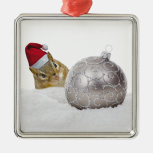 Cute Chipmunk Silver and Snow Christmas Holiday Metal Ornament