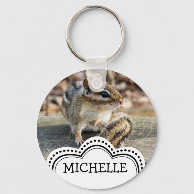 Cute Chipmunk Sitting on Wooden Rail in Forest Keychain (Front)