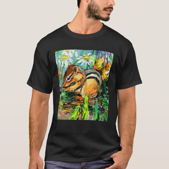 Cute Chipmunk Spring Flowers Animal Impressionist  T-Shirt (Front)