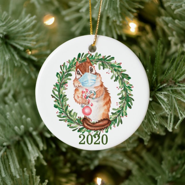 Cute Chipmunk Wearing Face Mask 2020 Ceramic Ornament (Tree)