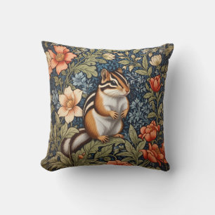 Cute Chipmunk William Morris Inspired Floral Throw Pillow