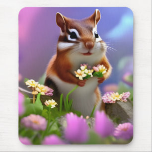 Cute Chipmunk with Flowers Mouse Pad