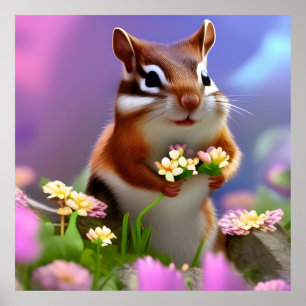 Cute Chipmunk with Flowers Poster