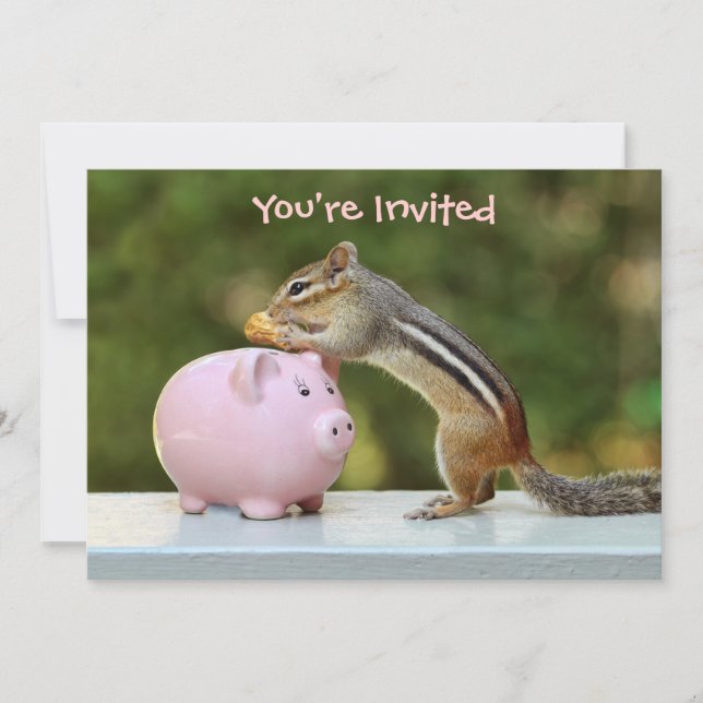 Cute Chipmunk with Funny Money Piggy Bank Picture Invitation (Front)