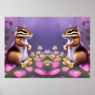 Cute Chipmunks in Flowers Poster