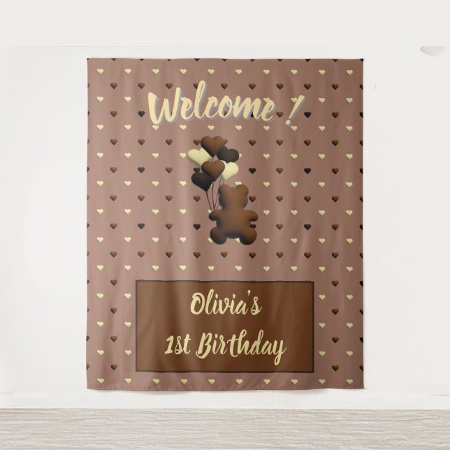 Cute chocolate bear birthday backdrop tapestry (Front)