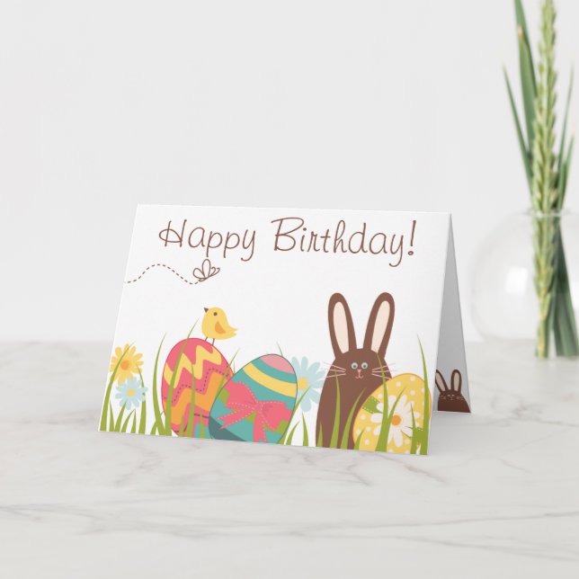 Cute Chocolate Bunny and Easter Eggs Birthday Card (Front)