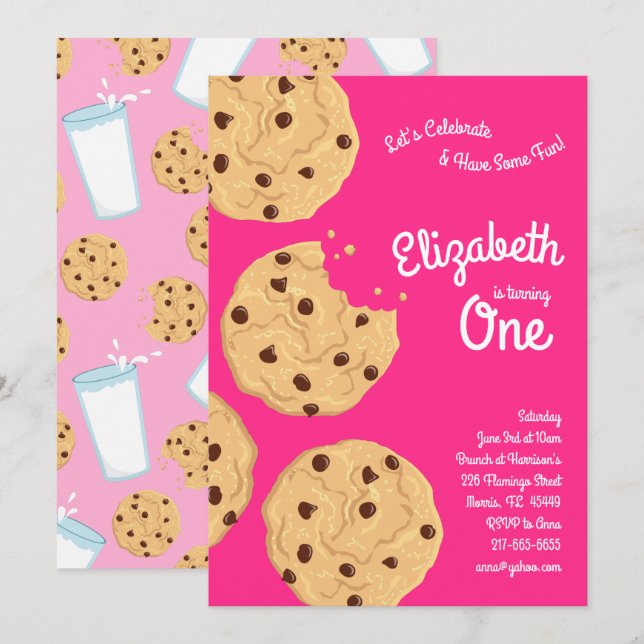Cute Chocolate Chip Cookie Kids 1st Birthday Party Invitation (Front/Back)