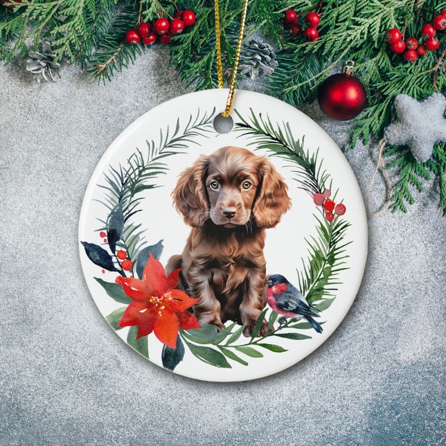 Cute Chocolate Cocker Spaniel Puppy Poinsettia Ceramic Ornament (Creator Uploaded)