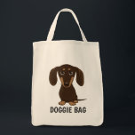 Cute Chocolate Dachshund Wiener Dog Doggie Tote Bag<br><div class="desc">An adorable smooth coated chocolate Dachshund puppy looking up. The text "Doggie Bag" can be personalized with your own name or slogan. A cute wiener dog lover’s tote bag, great for shopping for groceries or pet supplies. This fun weenie dog cartoon reusable bag makes a perfect gift for anyone who...</div>