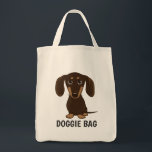 Cute Chocolate Dachshund Wiener Dog Doggie Tote Bag<br><div class="desc">An adorable smooth coated chocolate Dachshund puppy looking up. The text "Doggie Bag" can be personalized with your own name or slogan. A cute wiener dog lover’s tote bag, great for shopping for groceries or pet supplies. This fun weenie dog cartoon reusable bag makes a perfect gift for anyone who...</div>