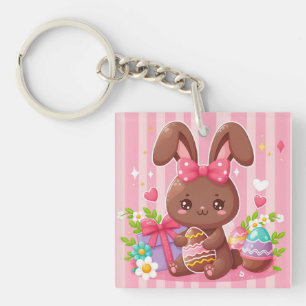 Cute chocolate Easter bunny with pink stripes Keychain