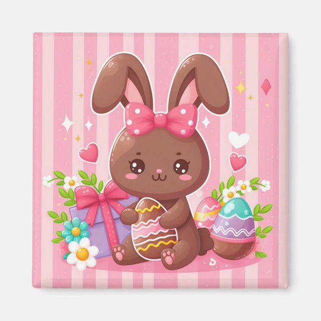 Cute chocolate Easter bunny with pink stripes Magnet (Front)
