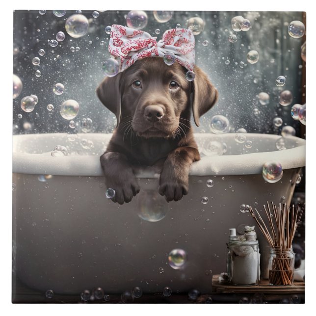 Cute Chocolate Lab Puppy Dog Spa Bubble Bath Tile (Front)