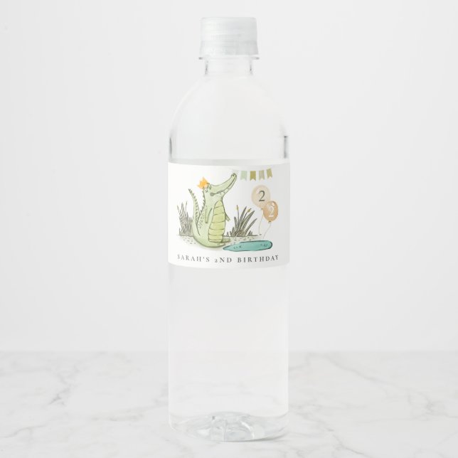 Cute Chomp Alligator in Swamp Any Age Birthday  Water Bottle Label (Front)
