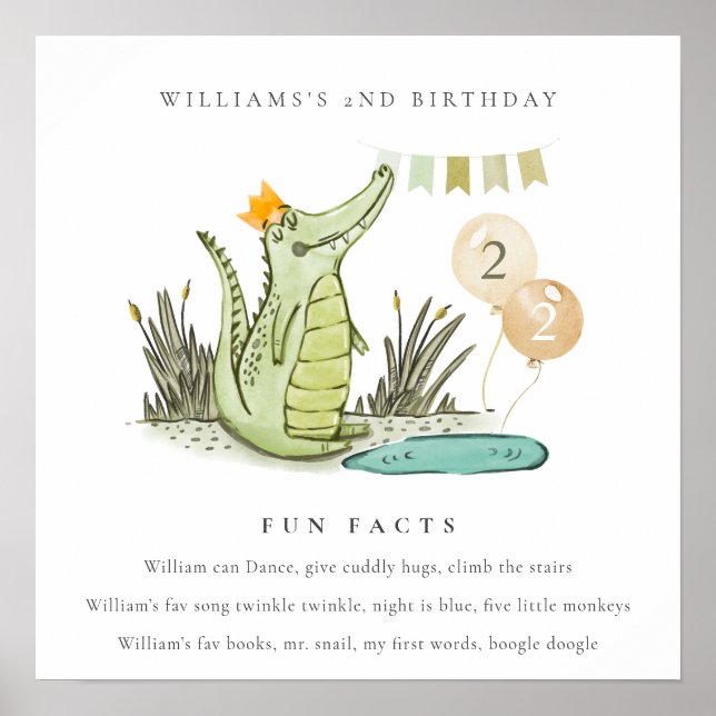 Cute Chomp Alligator in Swamp Fun Facts Birthday Poster (Front)