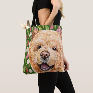 Cute Chow Chow and Tulip Flower Pattern Tote Bag
