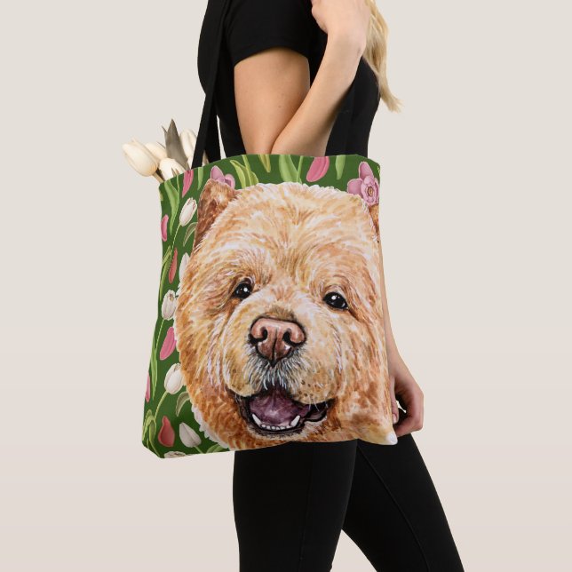 Cute Chow Chow and Tulip Flower Pattern Tote Bag (Close Up)