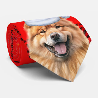 Cute Chow Chow Dog Red Plaid Christmas Holiday Tie