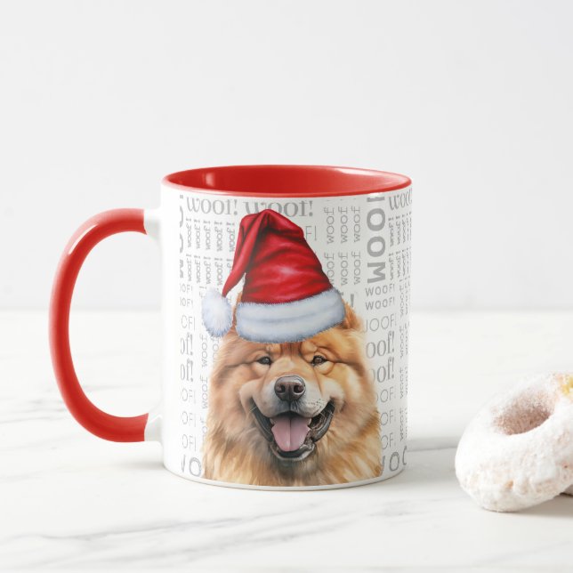 Cute Chow Chow Dog Santa Woof Background Christmas Mug (With Donut)