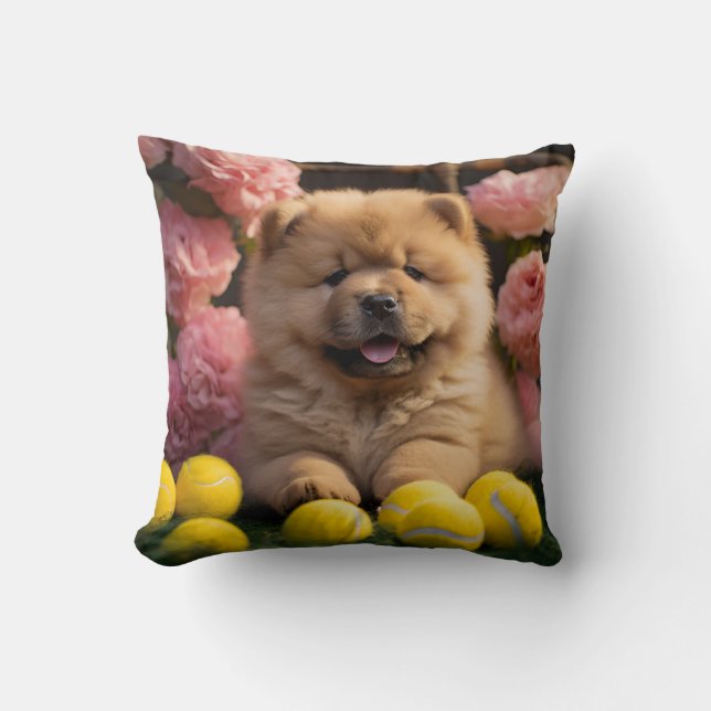 🐕 Cute chow chow Pup with Tennis ball Throw Pillow (Front)