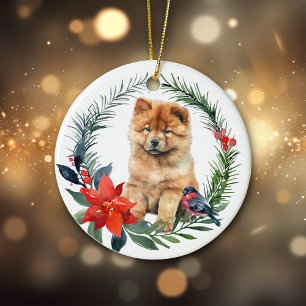 Cute Chow Chow Puppy Watercolor Poinsettia Ceramic Ornament
