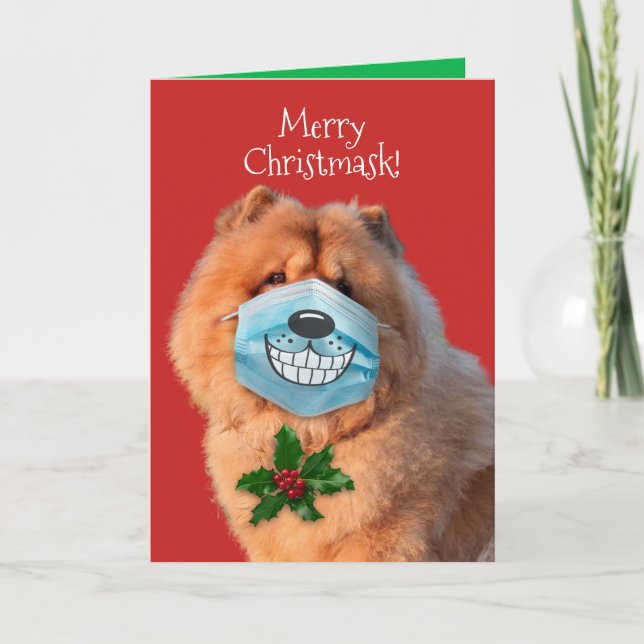 Cute Chow With Smiling Face Mask- Merry Christmask Holiday Card (Front)
