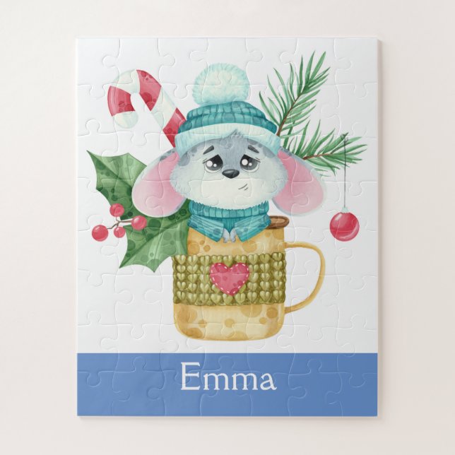 Cute Chrismas Mouse Custom Name Kids Jigsaw Puzzle (Vertical)