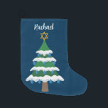 Cute Chrismukkah Hanukkah Dreidel Tree Large Christmas Stocking<br><div class="desc">This cute Chrismukkah stocking features a green Christmas tree decorated with blue dreidel ornaments and a gold Jewish Star of David at the top for Hanukkah to combine the 2 holidays for a family that celebrates both. Personalize with your name in white.</div>