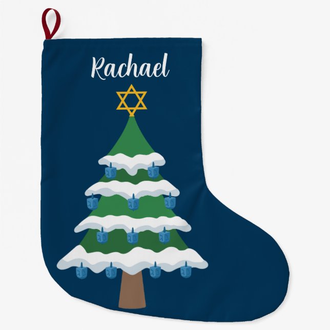 Cute Chrismukkah Hanukkah Dreidel Tree Large Christmas Stocking (Front)