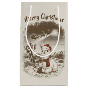Cute Christmas Alpaca + Santa + Reindeer Sleigh -  Small Gift Bag