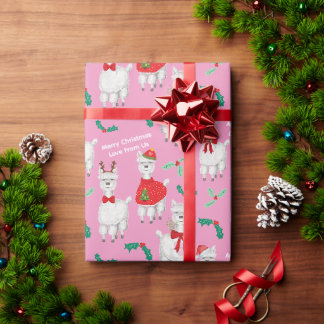 Cute Christmas Alpaca with Holly in Pink Wrapping Paper