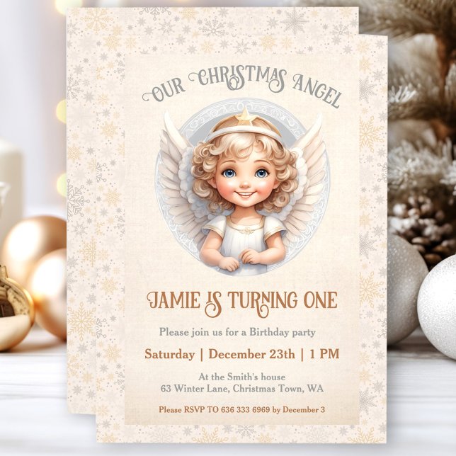 Cute Christmas Angel 1st Birthday Invitation (Cute Christmas Angel 1st Birthday Invitation)