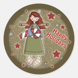 Cute Christmas angel with candy cane Classic Round Sticker