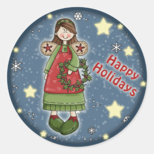 Cute Christmas angel with wreath Classic Round Sticker