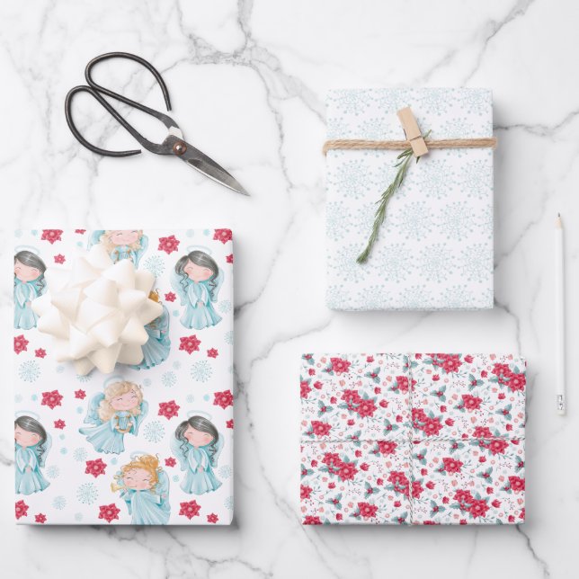 Cute Christmas Angels  Wrapping Paper Sheet (Front)