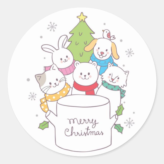 Cute Christmas Animal Friends | Christmas Holidays Classic Round Sticker (Front)