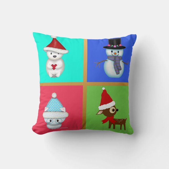 Cute Christmas Animals and a Snowman Throw Pillow (Front)