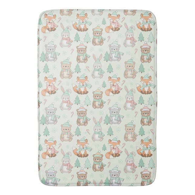 Cute Christmas Animals Seamless Pattern Bath Mat (Front Vertical)
