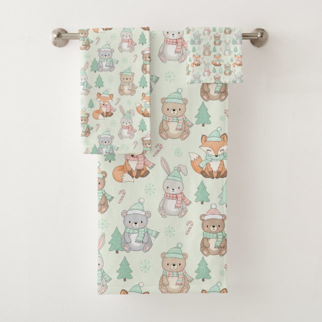 Cute Christmas Animals Seamless Pattern Bath Towel Set (Insitu)