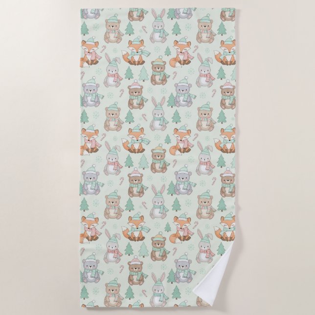 Cute Christmas Animals Seamless Pattern Beach Towel (Front)