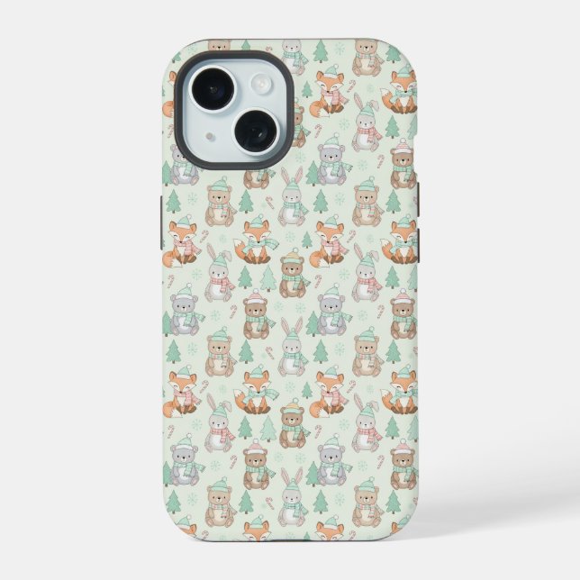 Cute Christmas Animals Seamless Pattern iPhone 15 Case (Back)