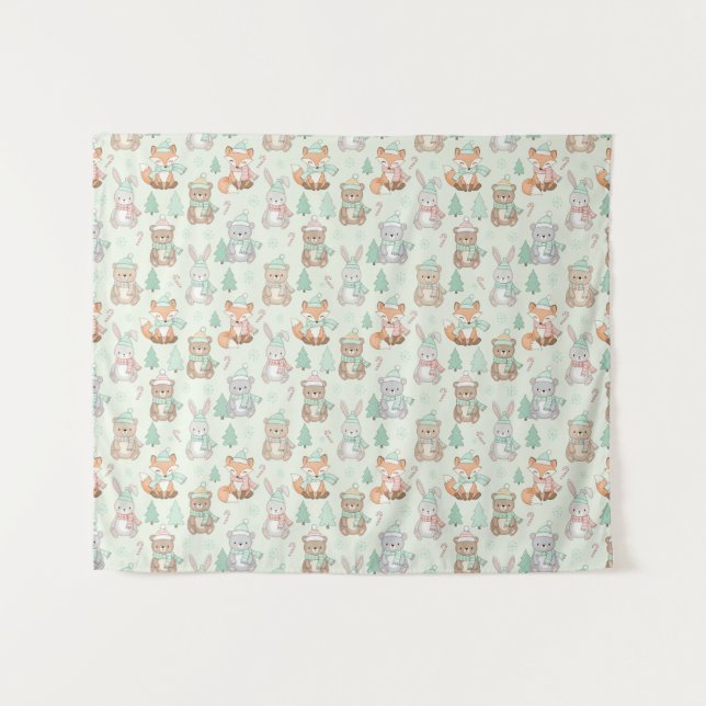 Cute Christmas Animals Seamless Pattern Tapestry (Front (Horizontal))