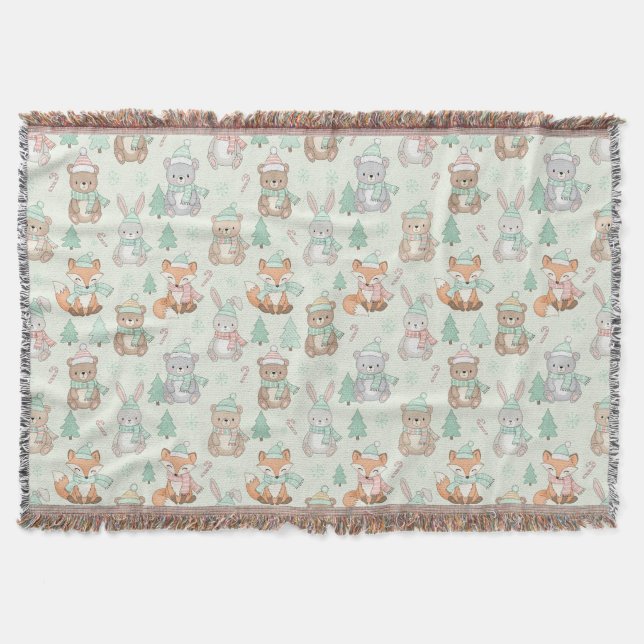 Cute Christmas Animals Seamless Pattern Throw Blanket (Front)