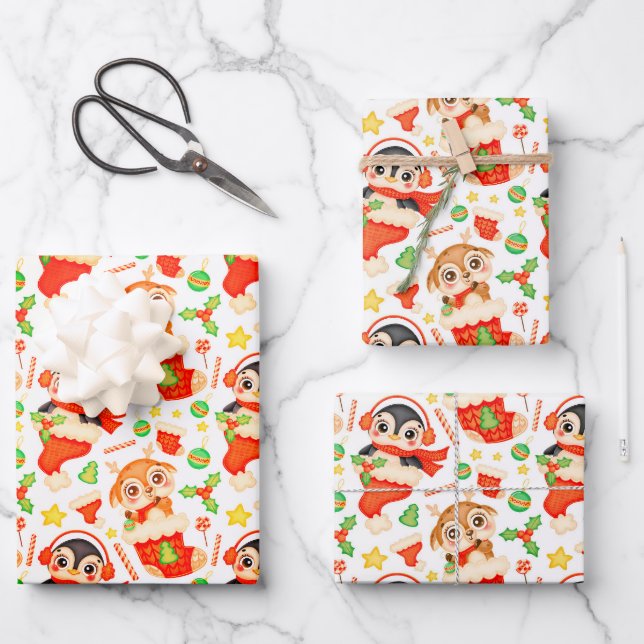 Cute Christmas Animals Wrapping Paper Sheet (Front)