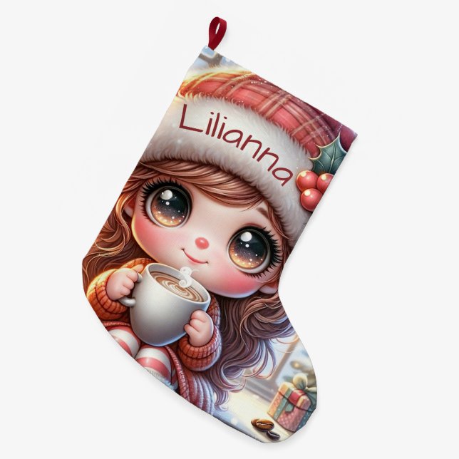 Cute Christmas Animated Girl Large Christmas Stocking (Front (Hanging))