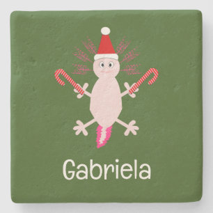 Cute Christmas Axolotl Custom Name Stone Coaster