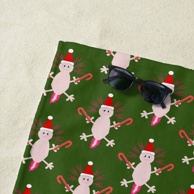 Cute Christmas Axolotl Patterned Beach Towel (In Situ)