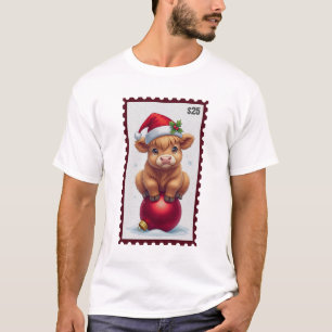 Cute Christmas Baby Cow with Santa Hat Sitting on  T-Shirt